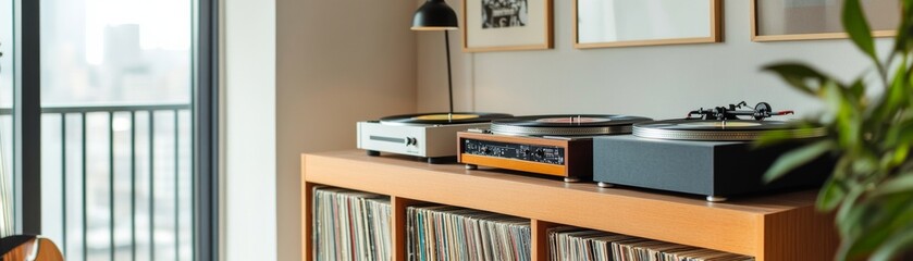 Vinyl Setup Turntables on Wood Shelf with Records and Natural Light, turntable, audiophile