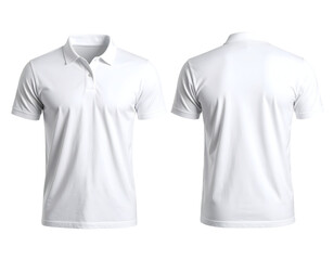 Crisp white short-sleeved collared shirts displayed with front and back views for versatile apparel design.