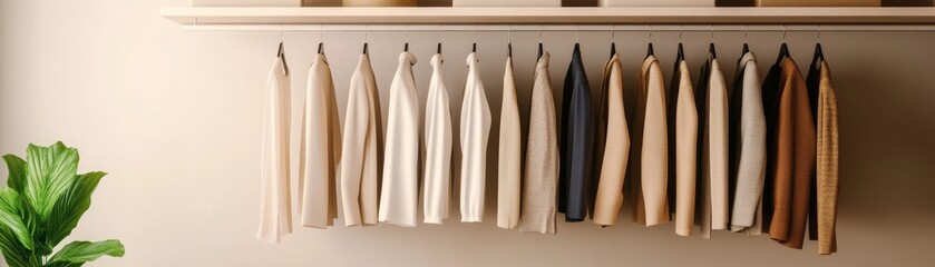 Wardrobe with Neutral Clothes and Green Plant, Minimalism , Closet
