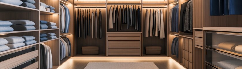 Walk-In Closet Design with Wooden Texture and Warm Lighting, Home Decor, Storage