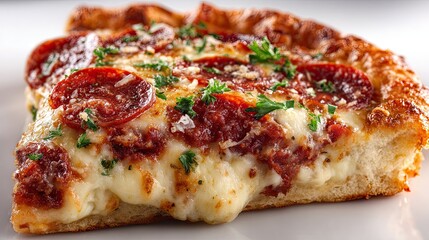 Delicious slice of cheesy pepperoni pizza isolated on white background
