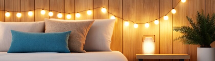 Warm Bedroom Ambiance String Lights, Pillows and Cozy Decor,InteriorDesign,Bedroom