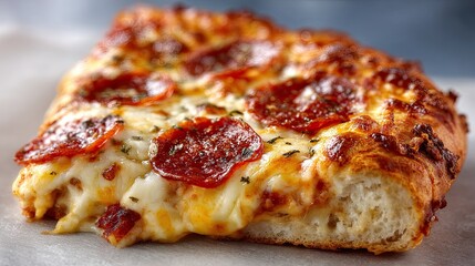 Delicious slice of cheesy pepperoni pizza isolated on white background