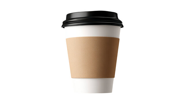 Disposable Coffee Cup with Textured Sleeve and Black Lid isolated On Transparent Png Background.