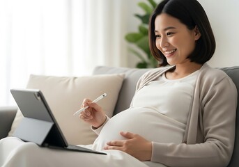 Joyful Pregnant Asian Woman Sits Comfortably On A Couch, Gently Holding Her Belly While Using A Tablet And Stylus, Maternity Leave, Online Preparation