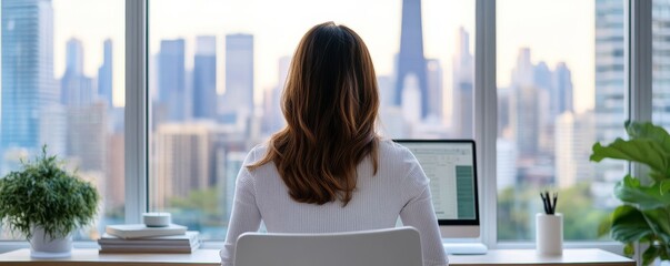 Woman Working at Desk with City View, office, workplace