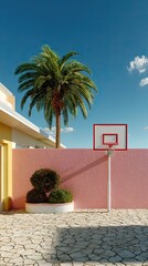 Basketball hoop mounted on beige wall with palm tree and houses in background