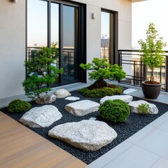 Zen Balcony Garden Bonsai, Stones, Black Pebbles, modern , landscape