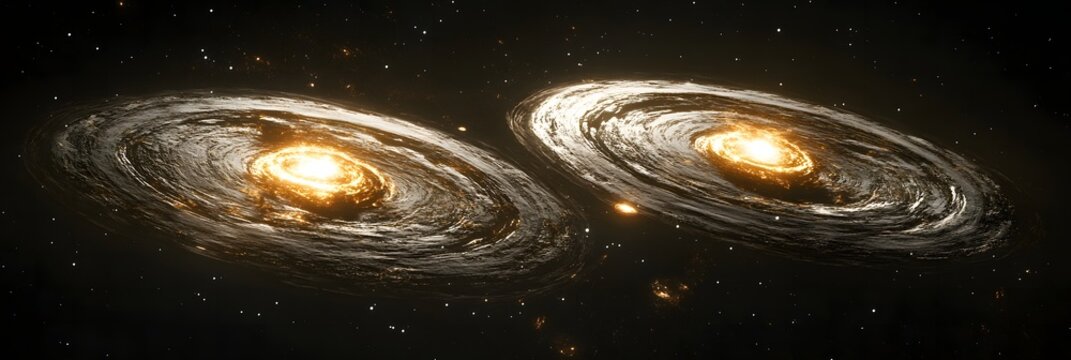Two galaxies colliding in the vast expanse of space with bright centers and swirling arms visible