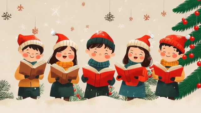 Five cheerful children in Santa hats joyfully singing Christmas carols surrounded by winter decorations, creating a heartwarming holiday scene of togetherness.
