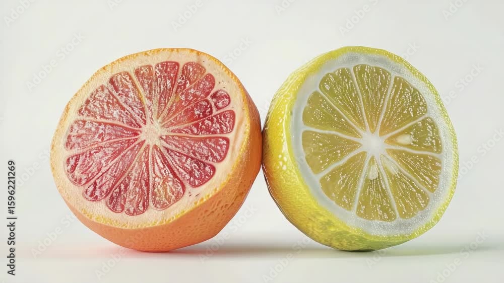 Poster cut oranges and grapefruits displayed on a table