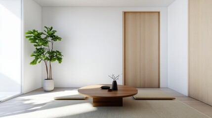 Zen Interior Round Table, Plant and Neutral Tones for a Tranquil Space, minimal , interior design