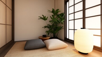 Zen Room Interior with Cushions, Plant and Paper Lantern,Japanese Style ,Minimalist Decor