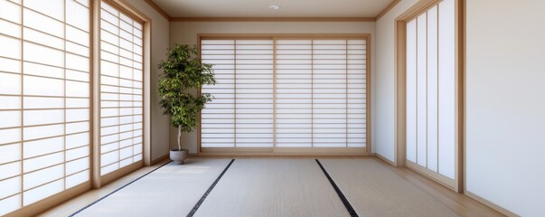 Zen Room with Tatami Mat, Shoji Screen and Tree, Japanese , Interior