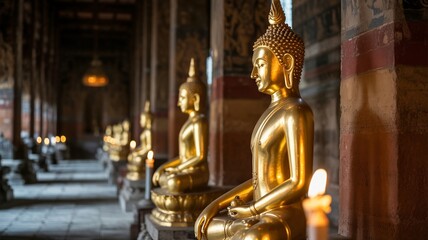 Khao Phansa, Golden Buddha Statues in Serene Temple Hall