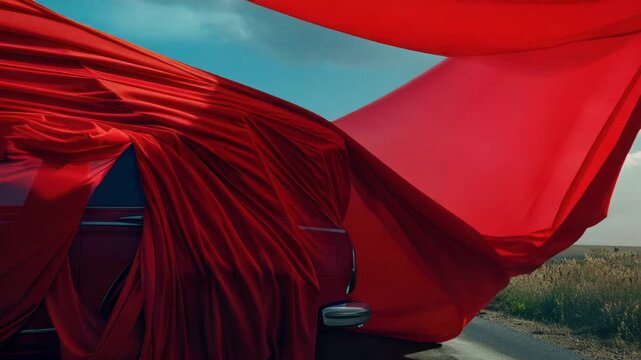 A red car covered with a red cloth, ideal for hiding or concealing the vehicle