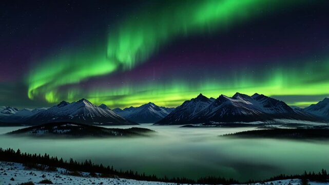 The dramatic scenery of mountains and frozen lakes is illuminated by the flowing green aurora light, creating a serene yet magical atmosphere in the cold night.