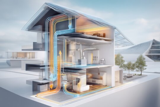 Cross-section of eco house with smart airflow system, featuring thermal zones and high-tech sustainable home ventilation illustration.