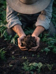 Regenerative farmer kneeling with healthy soil in hands, highlighting sustainable agriculture, nature connection, and earth stewardship.