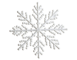 A sparkling white decorative snowflake glistens with frosty elegance, embodying winter's delicate beauty.