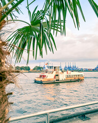 Hafenf&auml;hre auf der Elbe in Hamburg, am Tage, leicht bew&ouml;lkter Himmel, Teile einer Palme links im Vordergrund, Hafenkr&auml;ne im Hintergrund, vertikal