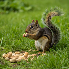 Obraz premium Squirrel Eating Nuts While Sitting on Grass in Sunlight