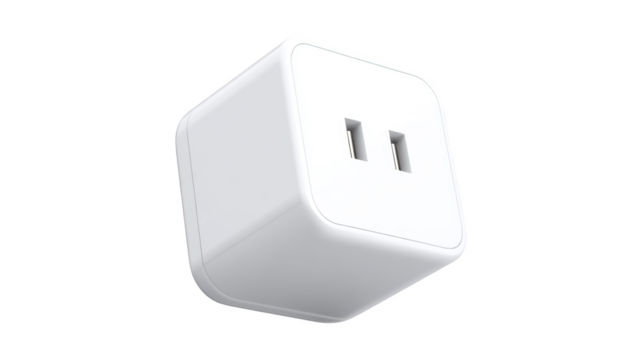 Dual USB Port Wall Charger Cube isolated On Transparent Png Background.