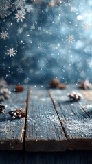 Snowflakes fall gently on rustic wooden planks creating a serene winter atmosphere with scattered pine cones