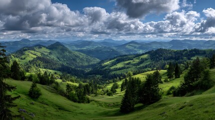 Obraz premium Lush Green Mountain Valley with Dramatic Clouds and Sunlight