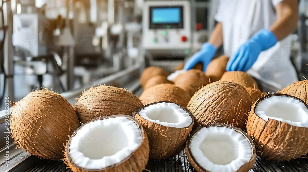 Poster coconuts on production line: fresh coconuts are processed in a food production factory, some split o