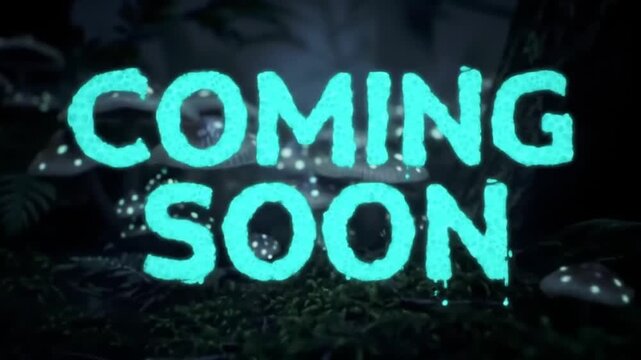 Glowing neon text 'COMING SOON' in a dark mystical forest with mushrooms