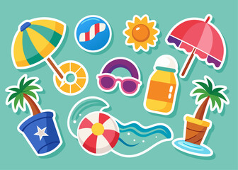 Colorful Summer Vacation Stickers with Beach Elements on a Light Blue Background
