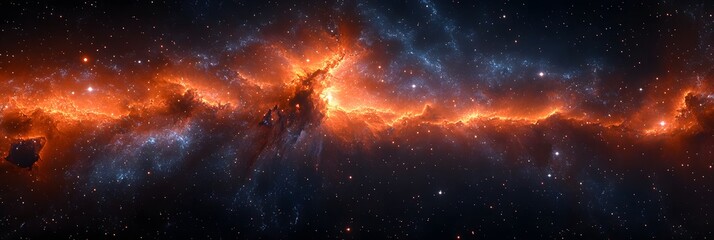 Obraz premium A panoramic view of a nebula with orange and blue clouds and many stars in the dark background of space