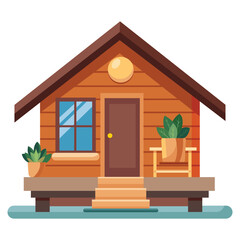 Cozy Wooden Cabin Illustration with Plants and Chair on Porch