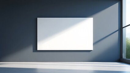 Minimalist blank horizontal frame on a dark grey wall illuminated by dramatic diagonal sunlight from window