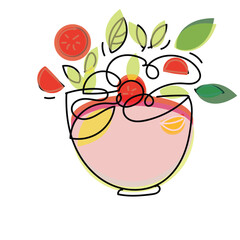 Minimal line illustration of a fresh salad, hand drawn in Adobe Illustrator. Vector design in black and white, featuring leafy greens, tomatoes, cucumbers, and bowl elements. Perfect for healthy food 