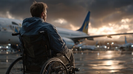 A powerful visual of a man in a wheelchair waiting on a sunlit tarmac as a crew prepares an aircraft, highlighting accessible aviation and the open skies that lie ahead.