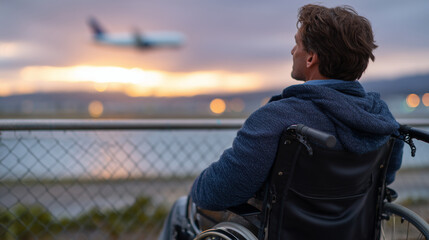 Fototapeta premium Man in a wheelchair positioned by the runway fence, gazing at a commercial airplane with sunset light illuminating his silhouette, representing freedom of movement and the dignity