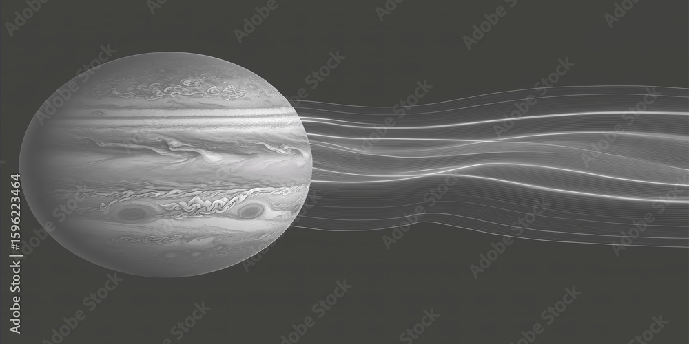 Wall mural monochrome image of jupiter with wavy lines and vertical lines in a dark gray background