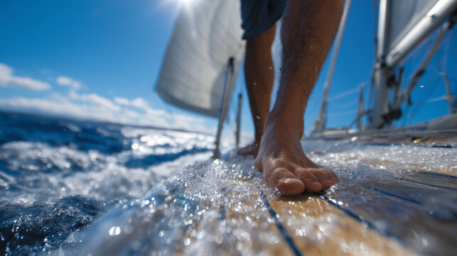 Rear angle of a man standing barefoot on the deck of a sailing yacht, white sails taut as the wind pulls them toward the open sea under a bright blue sky. - Powered by Adobe