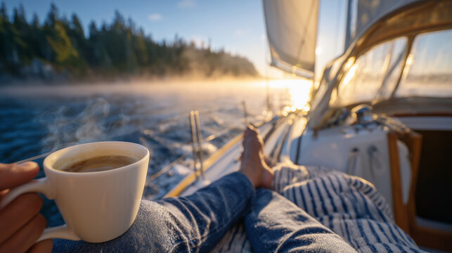 Man sits relaxed at the stern of a compact sailboat, barefoot with legs crossed, sipping coffee while morning mist rises from the still ocean. - Powered by Adobe