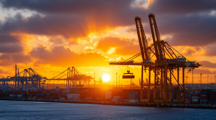 Obraz premium Massive port crane hoists a red cargo container high into the air, silhouetted against a golden sunrise over the shipping docks.