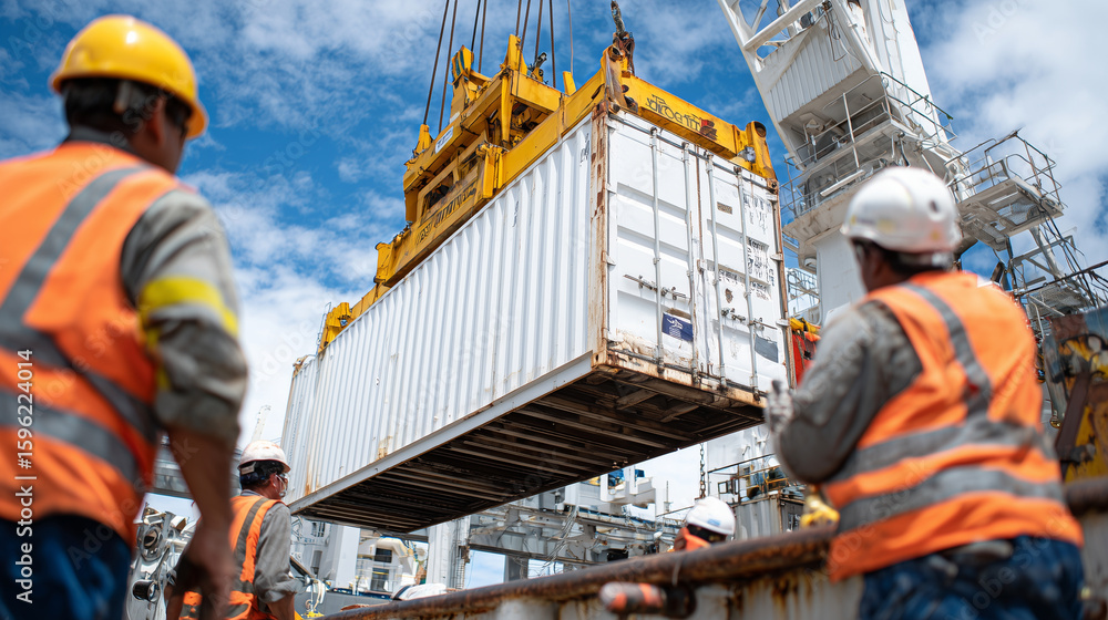 Poster a large container sways slightly in the air as the crane lifts it, workers guiding the load using si