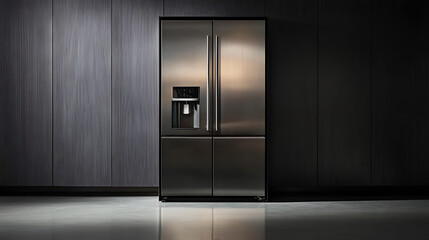 A stainless steel refrigerator with water dispenser in a modern kitchen setting against dark walls