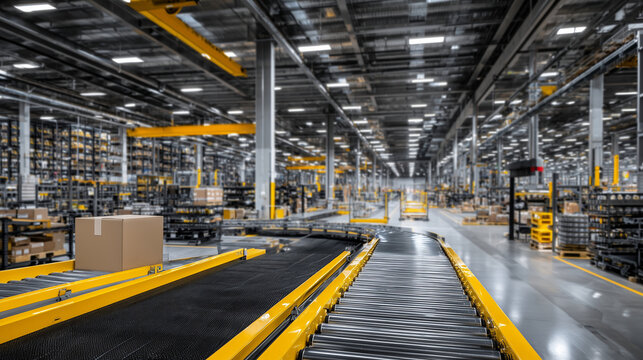 Vast warehouse scene with a vibrant yellow conveyor running down the center, overhead cranes, gray shelving racks, and glowing ceiling panels emphasizing clean logistics.