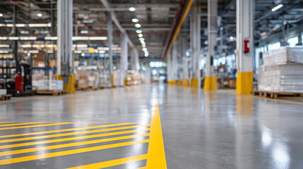 Fototapeta premium Clean, industrial interior shot of warehouse with glossy floor, yellow conveyor belt running straight past white machinery and evenly spaced vertical steel columns.