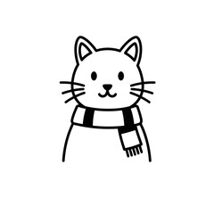 Fototapeta premium Cartoon cat wearing a scarf in black and white line silhouette