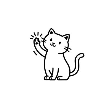 Cute cat waving hello with paw raised in the air silhouette