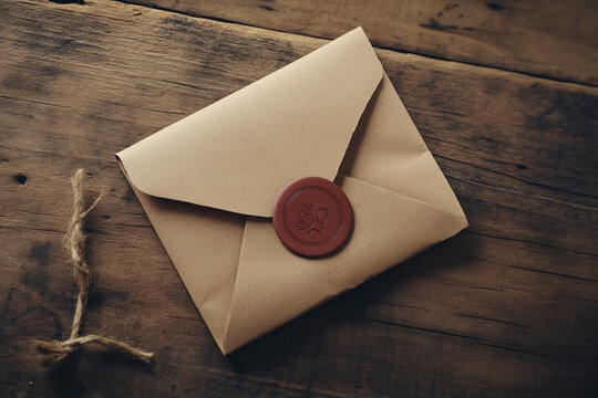 Rustic envelope with wax seal on wooden surface twine nearby