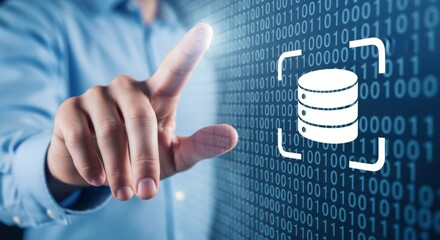 A finger touches a database icon on a digital screen with binary code background